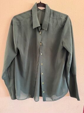 Theyskens' Theory Sheer Dark Green Button-Up Shirt Medium